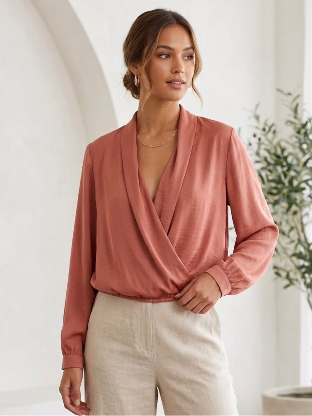 Apricot Coral Satin Hook & Eye Draped Blouse Top US 8 Medium NWT